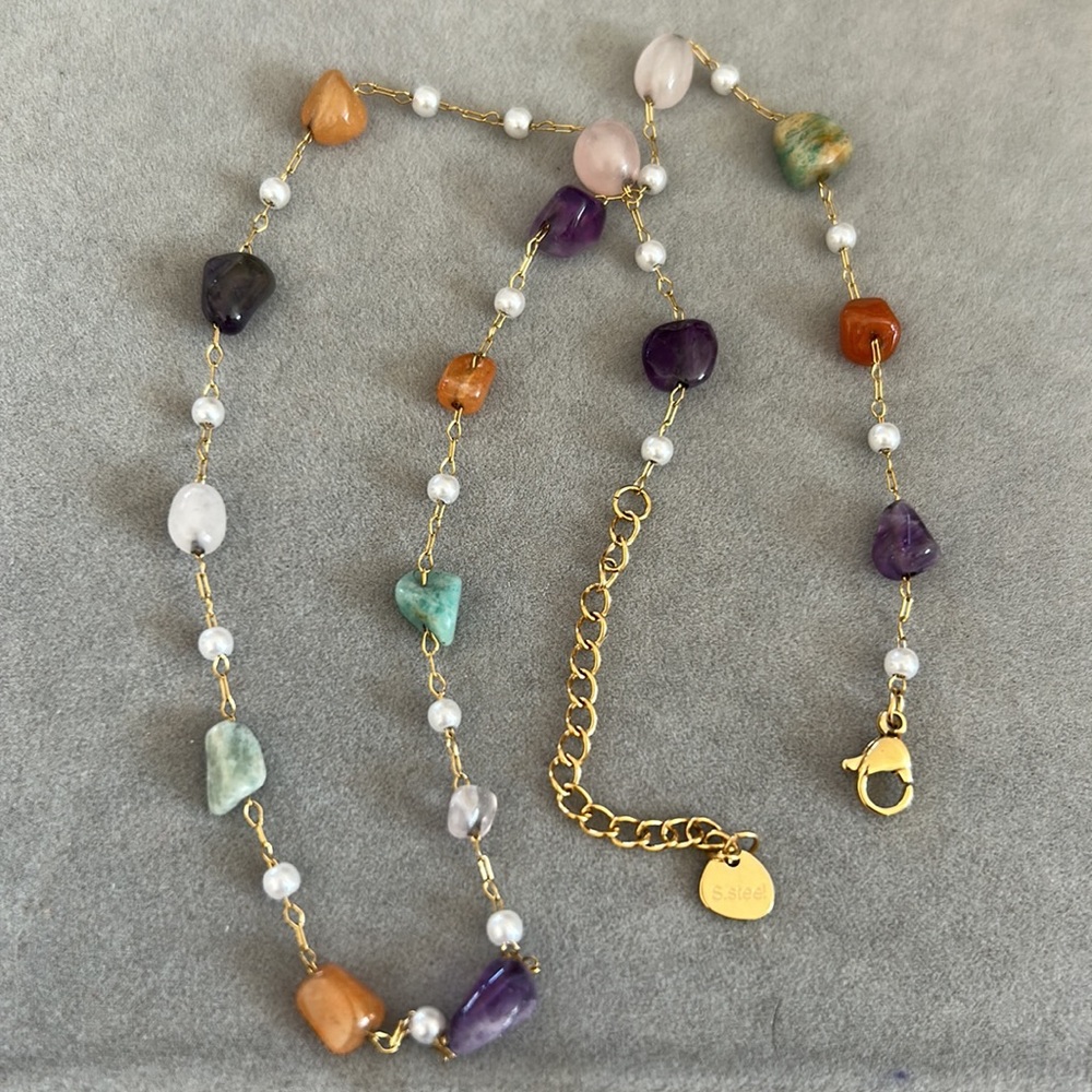 New 18k gold multi Natural Stone & Pearls Chain Stainless Steel Necklace - Picture 5 of 5